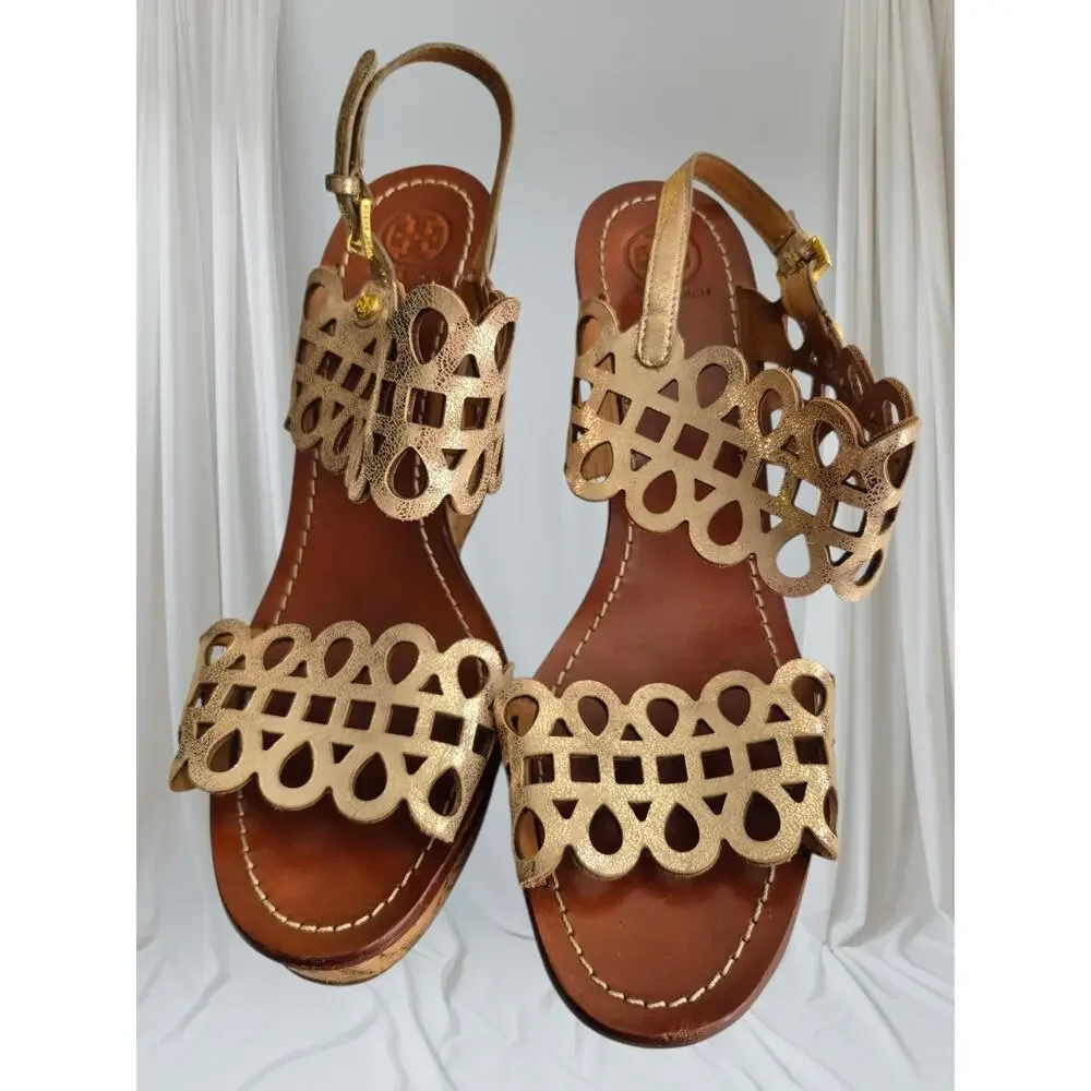 Tory Burch Nori Metallic‎ Gold Leather Platform Cork Wedge Sandals 10.5 M Glam